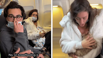Kobieta karmi piersią kota w samolocie