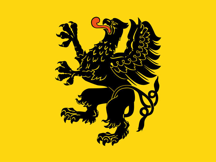Czarny gryf z podniesionymi skrzydłami na złotym polu flagowym.