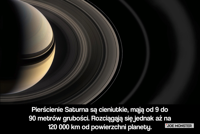 Pierścienie Saturna są cieniutkie, mają od 9 do 90 metrów grubości. Rozciągają się jednak aż na 120 000 km od powierzchni planety.