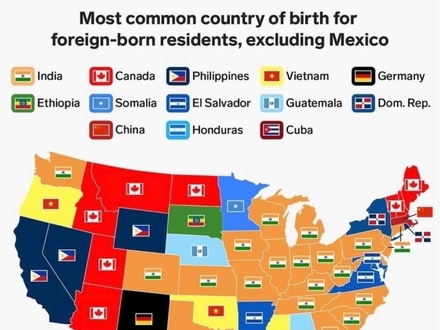 Najpopularniejsze państwo urodzenia mieszkańców nie będących Amerykanami w poszczególnych stanach USA (poza Meksykiem)