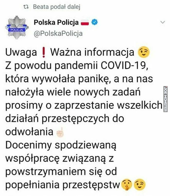 polska policja uwaga ważna informacja z powodu pandemii covid-19 która wywołała panikę