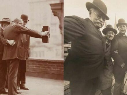 Grupowe selfie zrobione na dachu budynku w Nowym Yorku, około 1920 roku