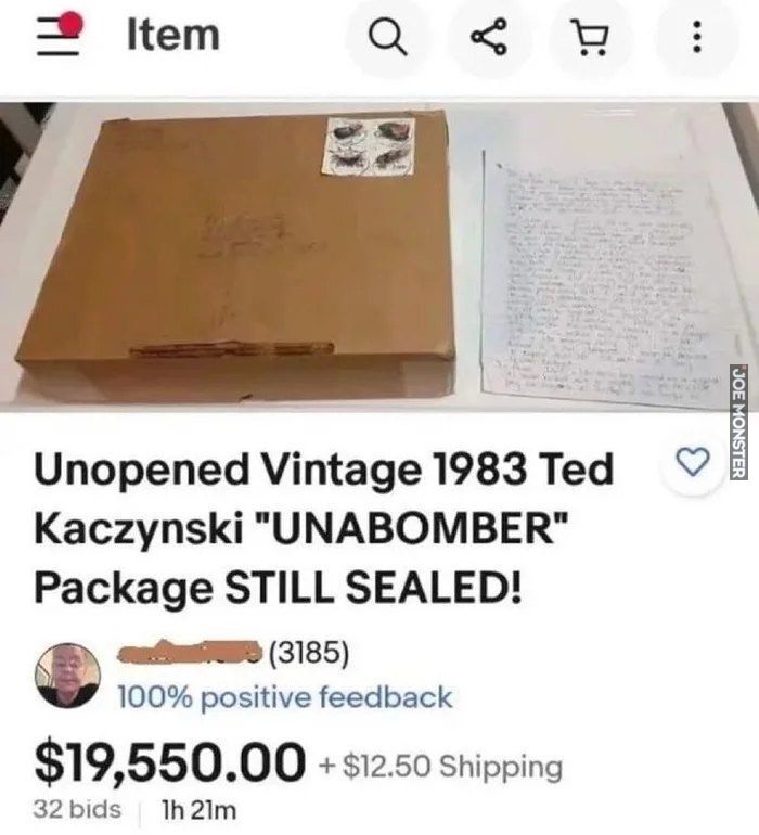 Unopened Vintage 1983 Ted Kaczynski "UNABOMBER" Package STILL SEALED!
$19,550.00 +$12.50 Shipping