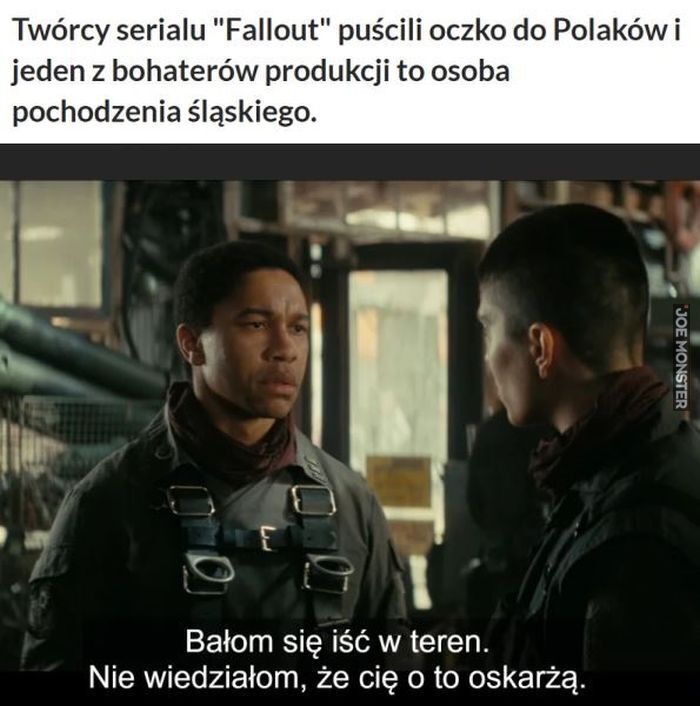 Twórcy serialu "Fallout" puścili oczko do Polaków i jeden z bohaterów produkcji to osoba
pochodzenia śląskiego. Bałom się iść w teren. Nie wiedziałom, że cię o to oskarżą.