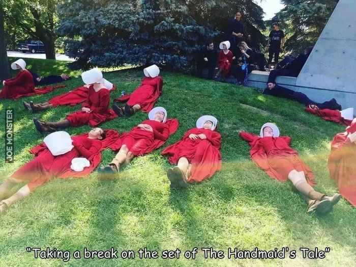 "Taking a break on the set of The Handmaid's Tale"