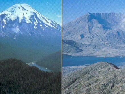 Góra St. Helens przed i po erupcji w 1980