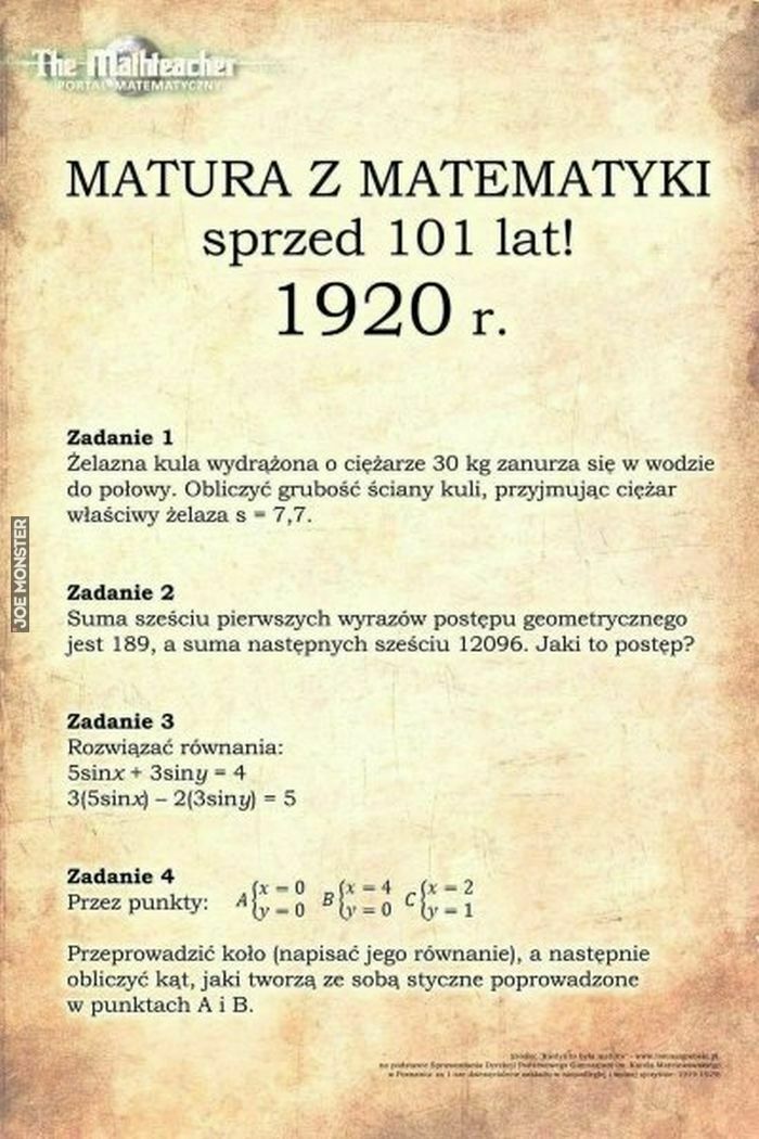 matura z matematyki sprzed 101 lat