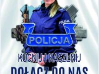 Plakat promujący dołączenie do policji na przystanku autobusowym w Krakowie