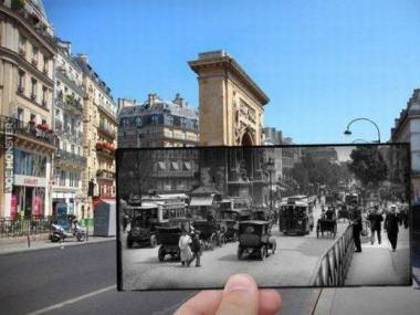Stara fotografia na tle współczesnego Paryża