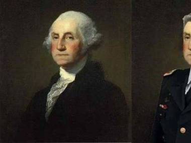 Jerzy Waszyngton ze współczesną fryzurą i w mundurze