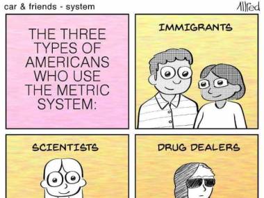 Trzy typy Amerykanów używających systemu metrycznego: imigranci, naukowcy i handlarze narkotyków