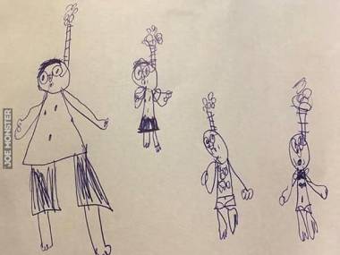 Obrazek narysowany przez dziecko, przedstawiający jego "nurkującą" rodzinę