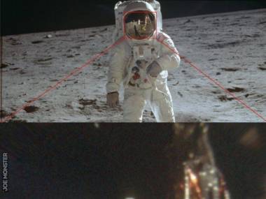 Zdjęcie Neila Armstronga na Księżycu z jego odbicia w wizjerze Buzza Aldrina