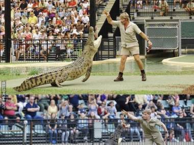 Robert Irwin karmi tego samego krokodyla, w tym samym miejscu co jego ojciec, Steve Irwin, 15 lat temu